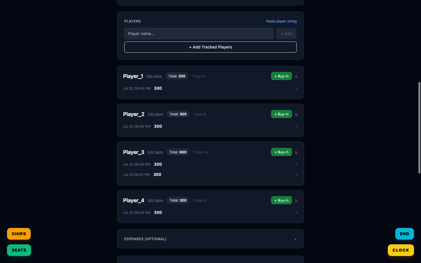 Live session tracker with per-player buy-ins, timestamps, and running totals, plus clock, seats, and chip-count tools