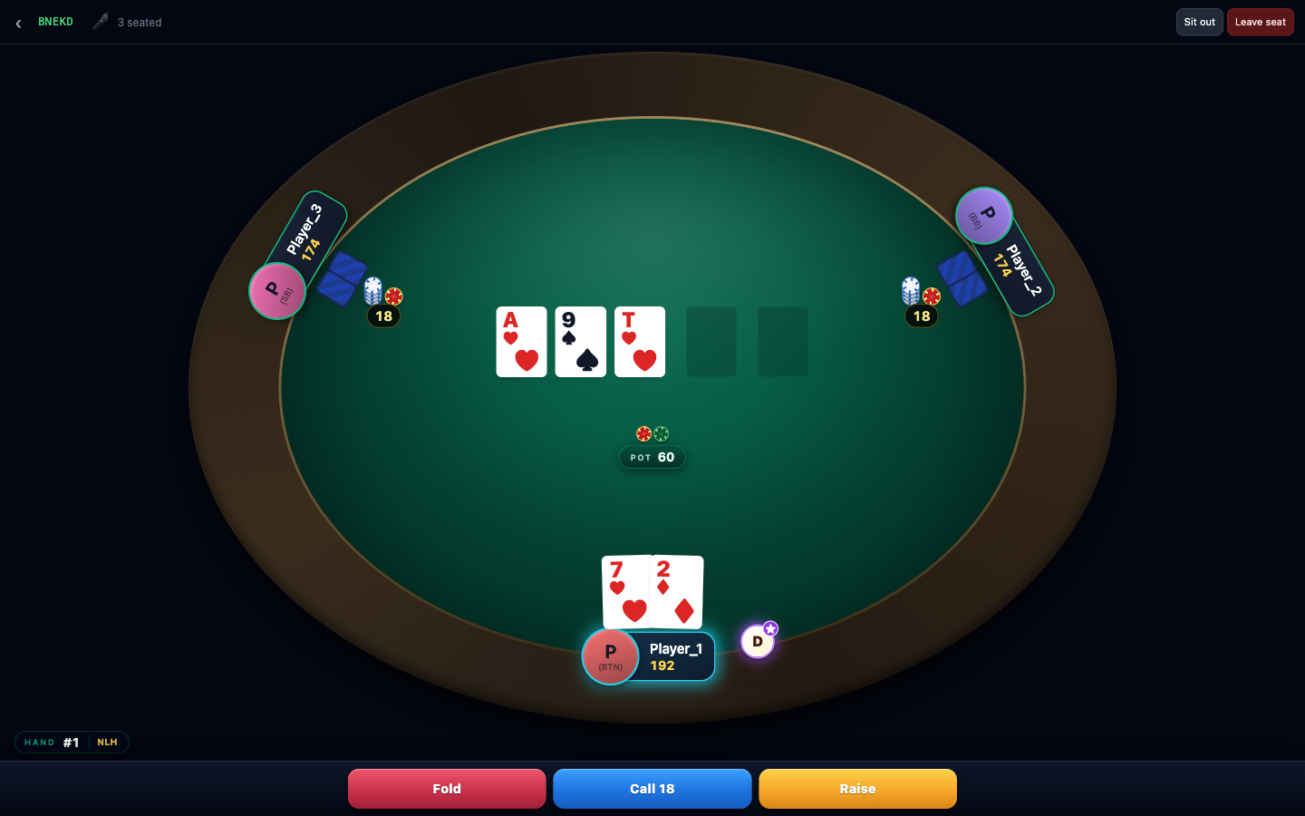 Live three-handed poker table mid-hand with community cards, pot, player stacks, and bet chips