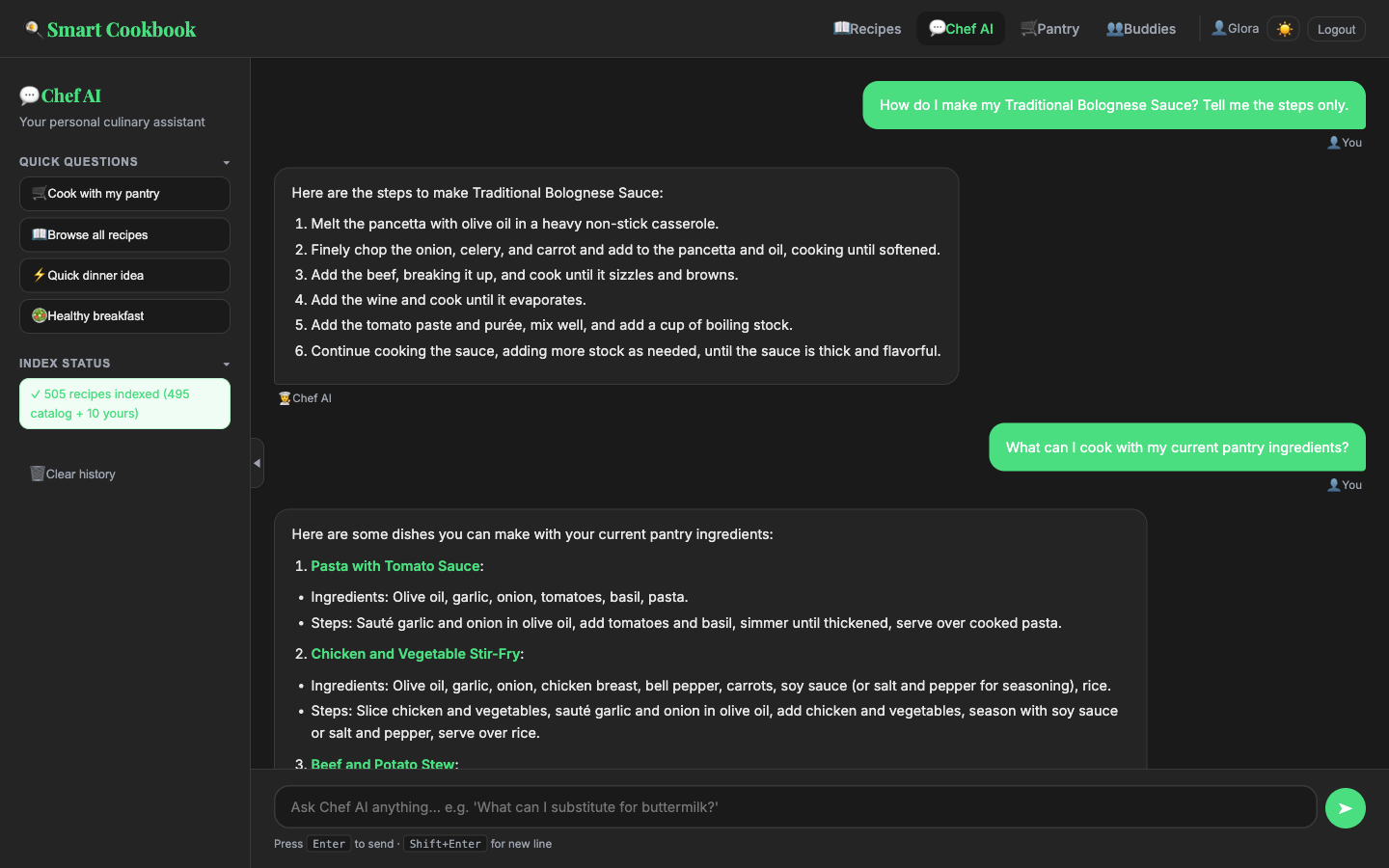 Chef AI chat answering a recipe-specific question, grounded in a 505-recipe knowledge base