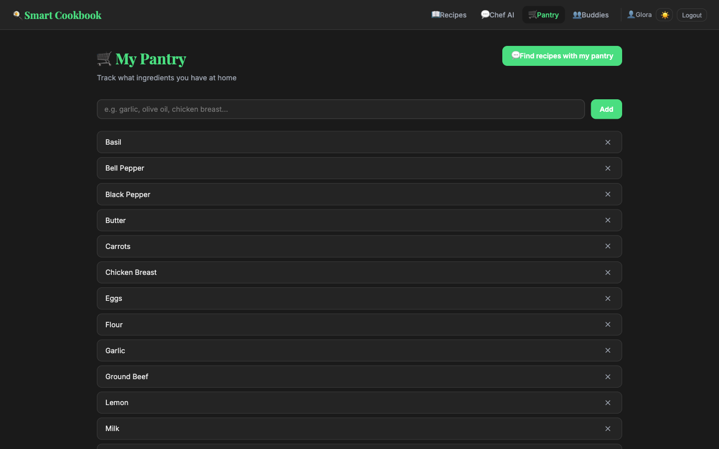 Pantry view with ingredient tracking and a find-recipes action