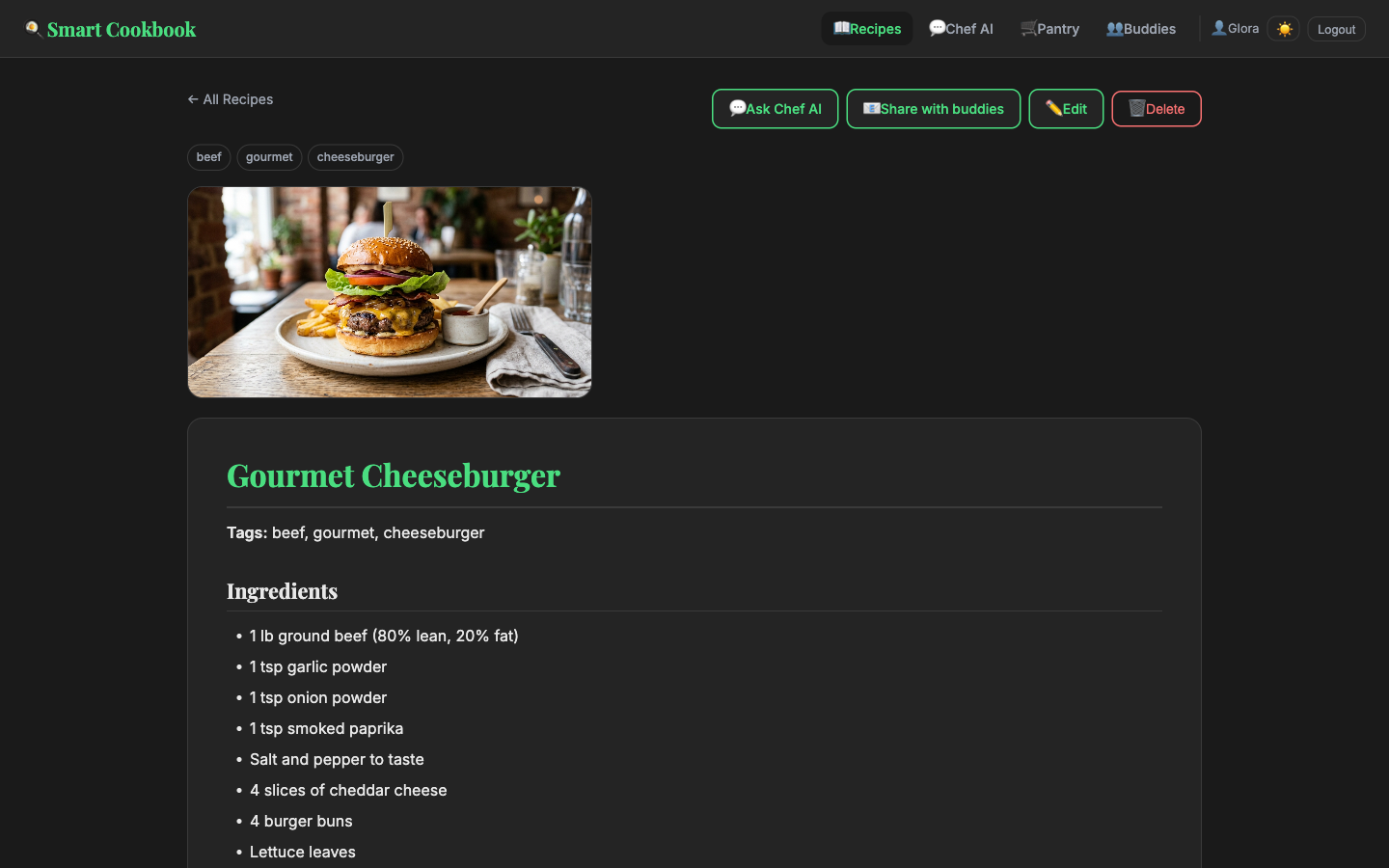 Recipe page for a Chef-AI-created cheeseburger with its AI-generated photo