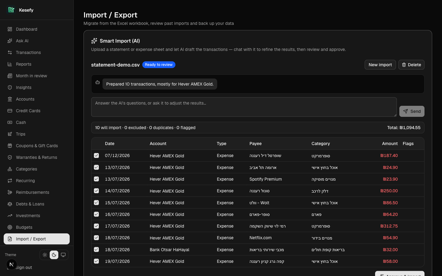 Smart Import review: AI-drafted transactions from a statement, categorized and ready to approve